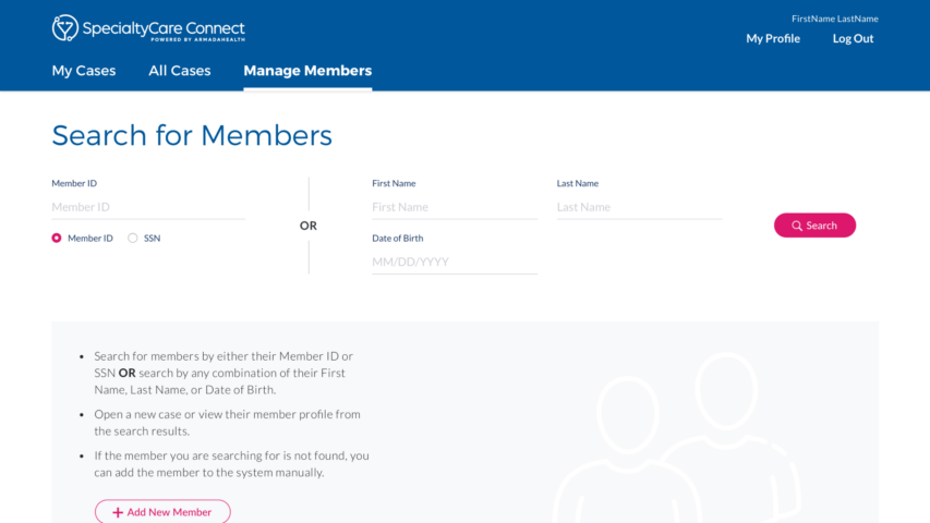 Member search screen from the Armada Health portal