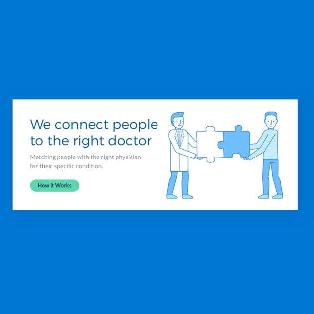 Illustration of two doctors holding puzzle pieces with text and a call to action to the left