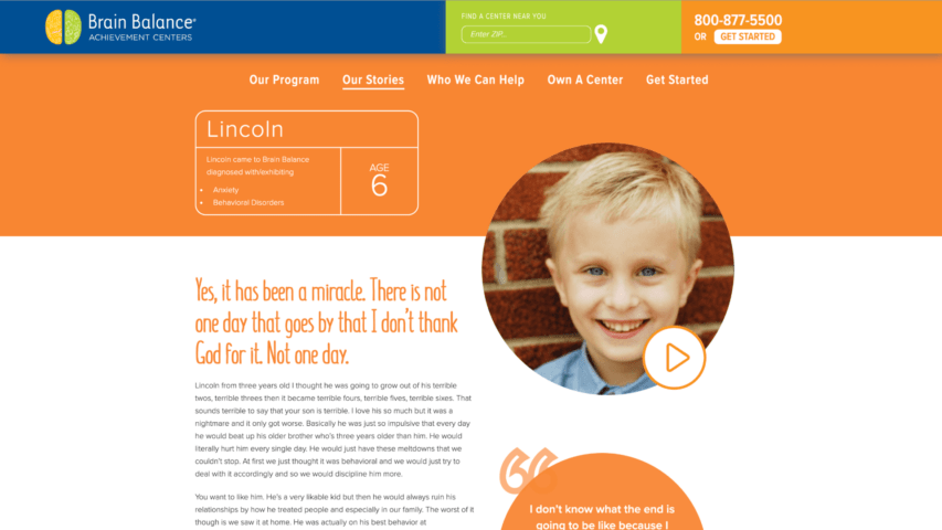 Lincoln's story testimonial page of the Brain Balance site