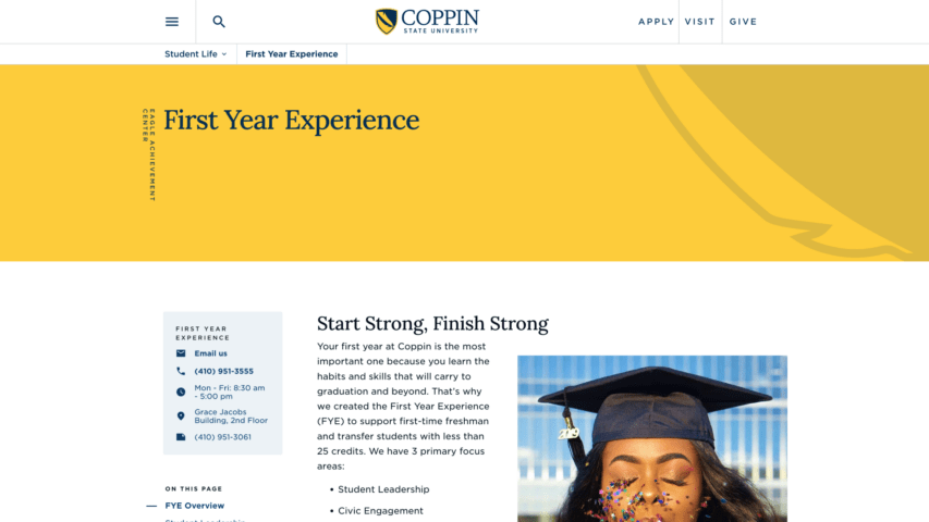 UI design for the First Year Experience page on the website