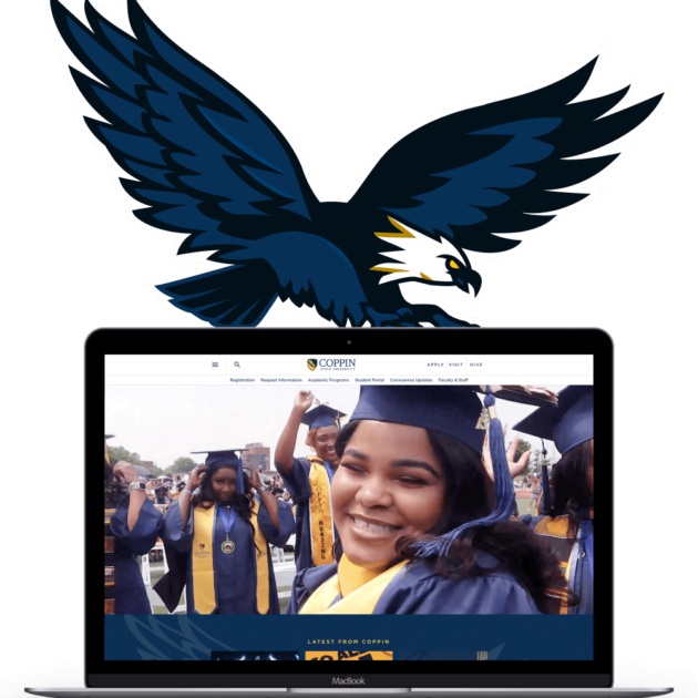 Coppin eagle logo above a laptop mockup showing the Copping homepage design