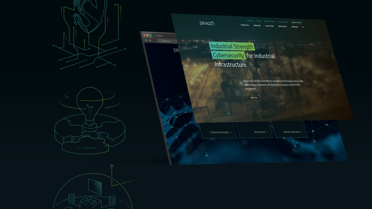 Homepage design on a dark background with colorful line illustrations