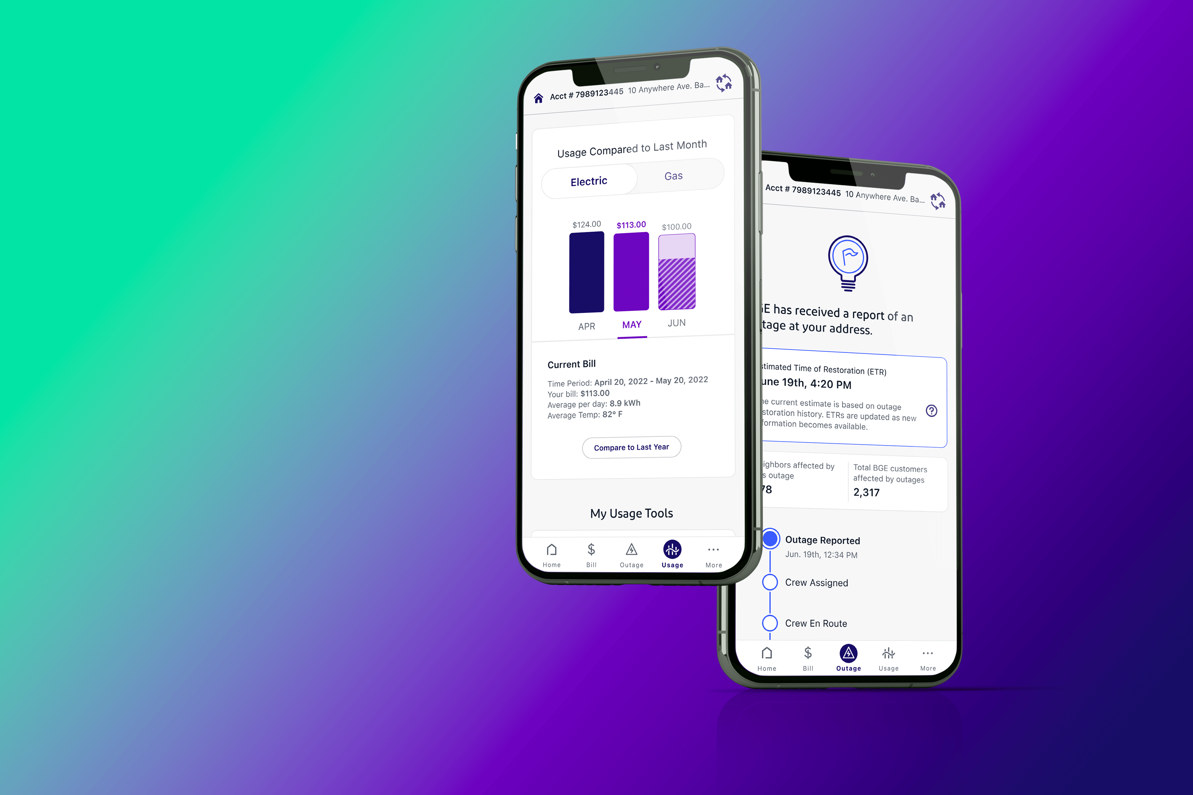 Two iphones displaying UI design for the Exelon app