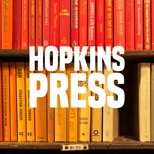 The Hopkins press logo over top of an image of books