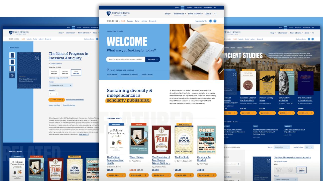 Three pages of the JHU press website featuring the design and ux