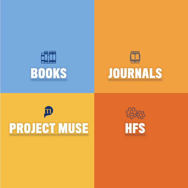 A section of the JHU press website that has four colorful sections each featuring a different vertical