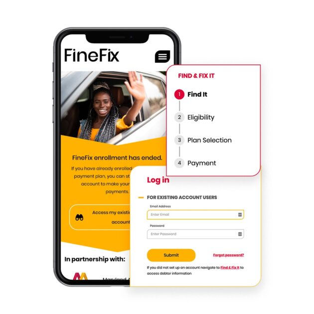 A phone showing the FineFix website with key interactive components in the foreground