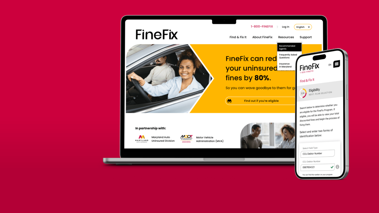 A laptop and phone on a red background featuring the FineFix website design