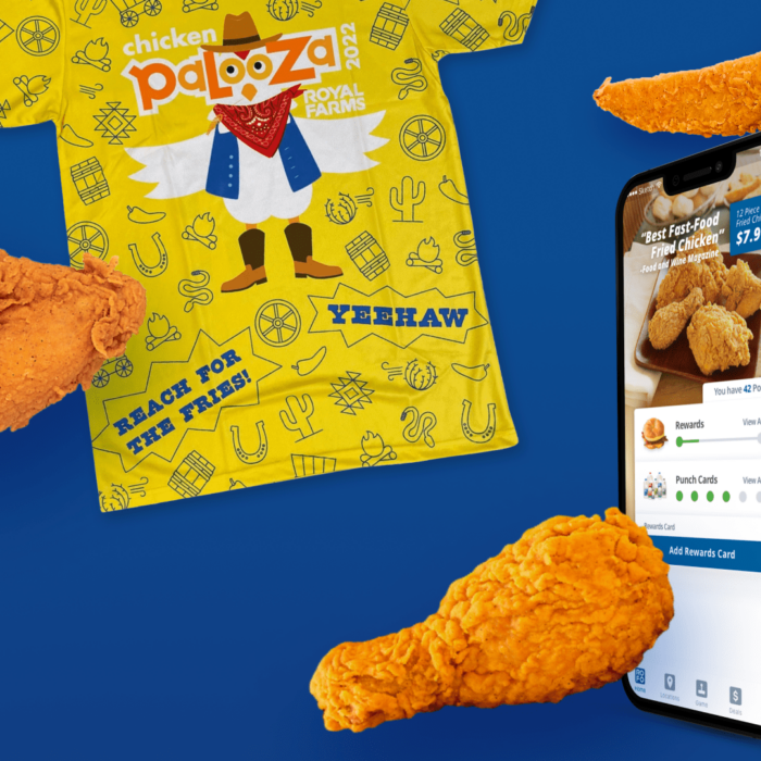 Royal Farms tshirt and mobile app on a blue background with pieces of fried chicken in the foreground