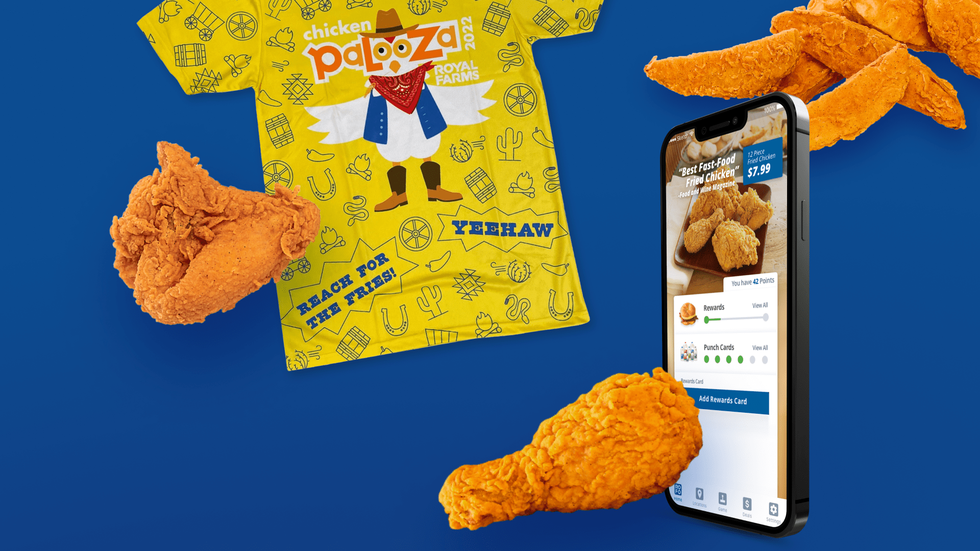 Royal Farms tshirt and mobile app on a blue background with pieces of fried chicken in the foreground