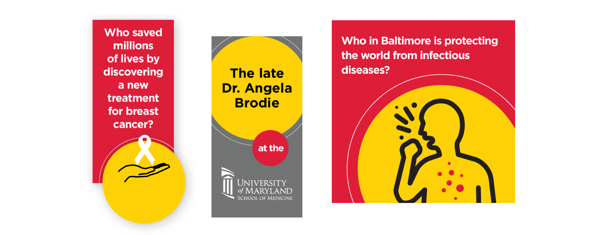 Three red and yellow ads featuring UMSOM messaging and illustrations