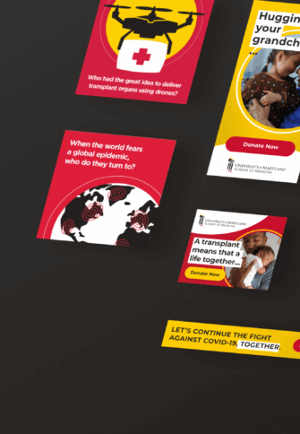 Red and yellow digital ads in various sizes sitting on a gray background