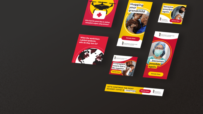 Red and yellow digital ads in various sizes sitting on a gray background