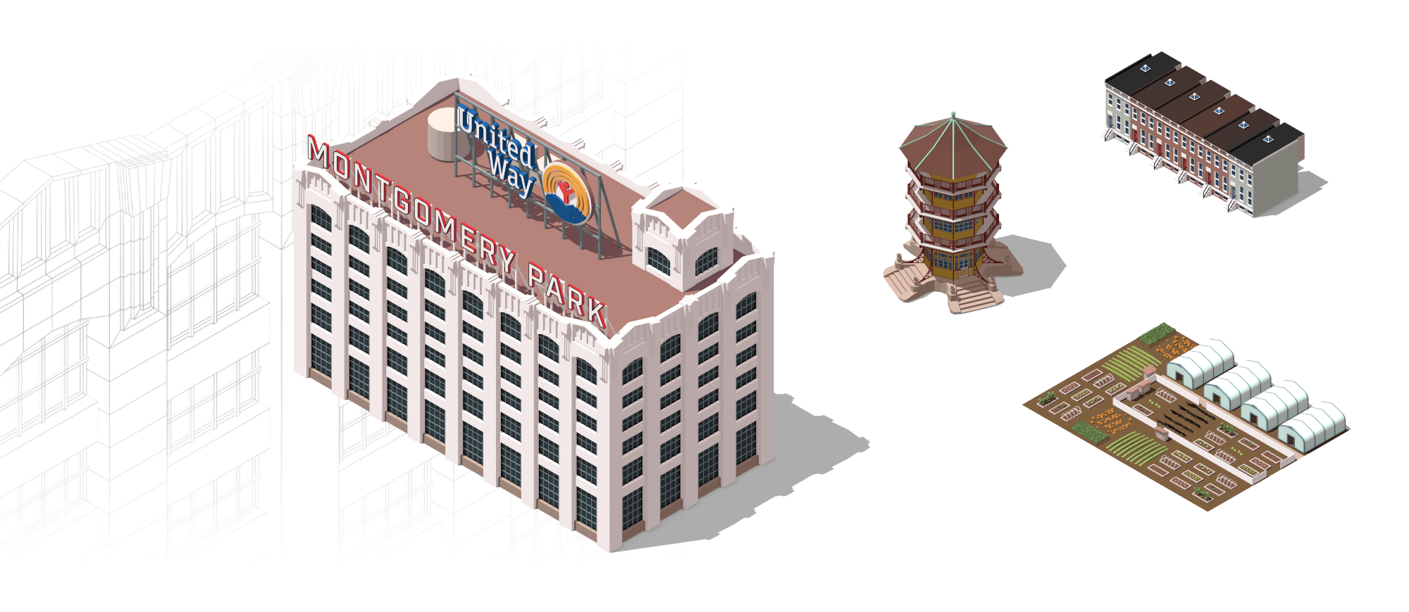 A detail view of some of the 3D isometric buildings.