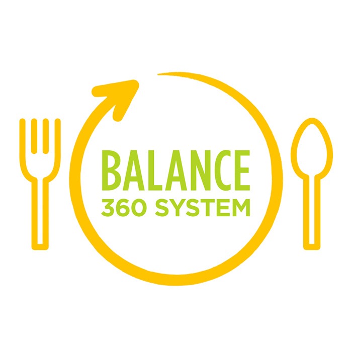 A logo of a dinner plate with "balance 360 system" in the center