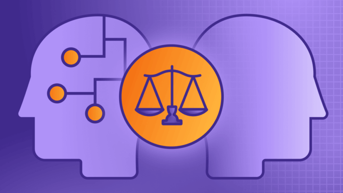 Flat illustration of a profile view of an AI head and a human head back to back with the scales of justice in between them