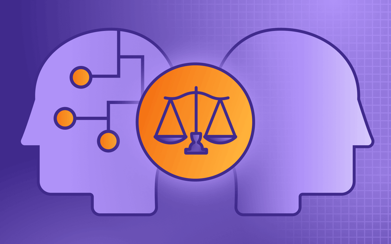 Flat illustration of a profile view of an AI head and a human head back to back with the scales of justice in between them