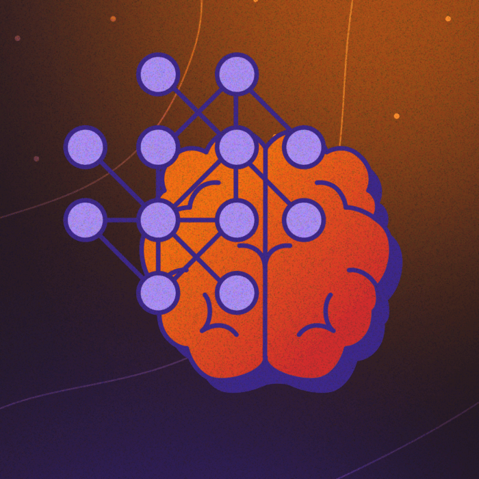 Illustrative representation of AI in the form of a brain icon with interconnected nodes layered on top