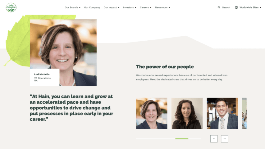 Desktop screenshot of the people module on the Hain website