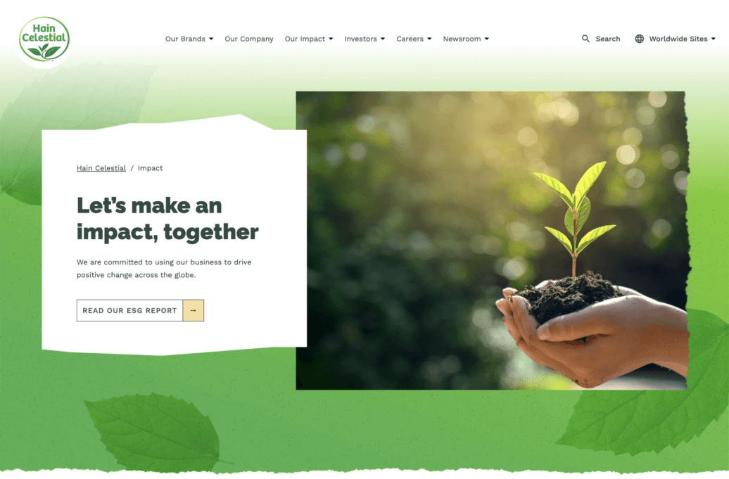 Desktop screenshot of the Impact page hero on the Hain website