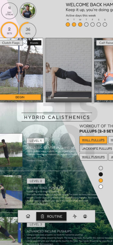 A concept for the Hybrid Calisthenic mobile app with a gray and orange theme