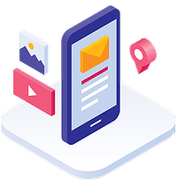 An illustration of a phone. Around it are illustrations of a photo, a video player, and a map pin.