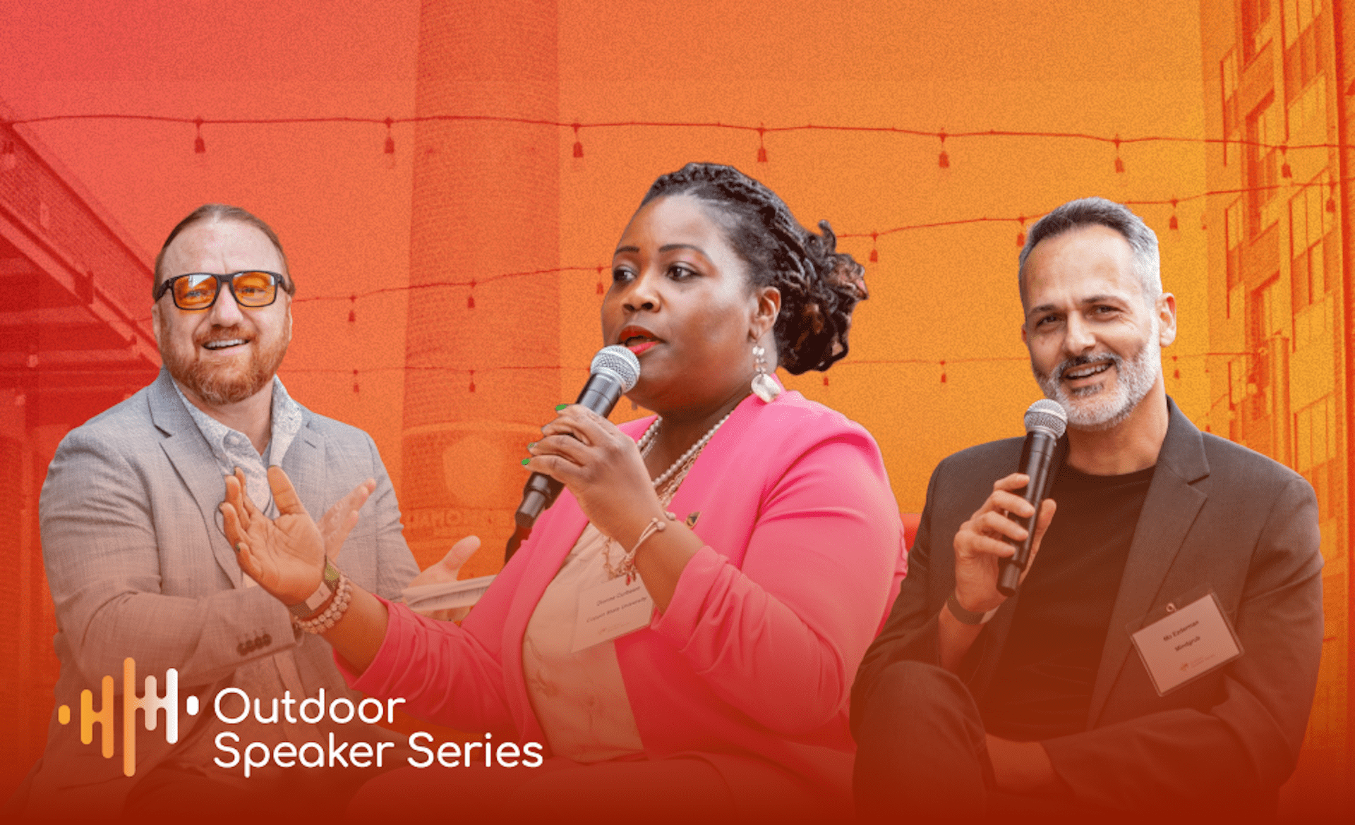 Image illustration of multiple people and Outdoor Speaker Series logo