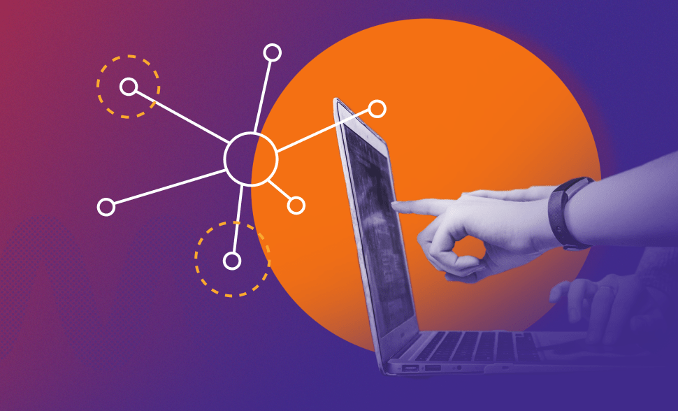 Graphic of a hand pointing at a laptop