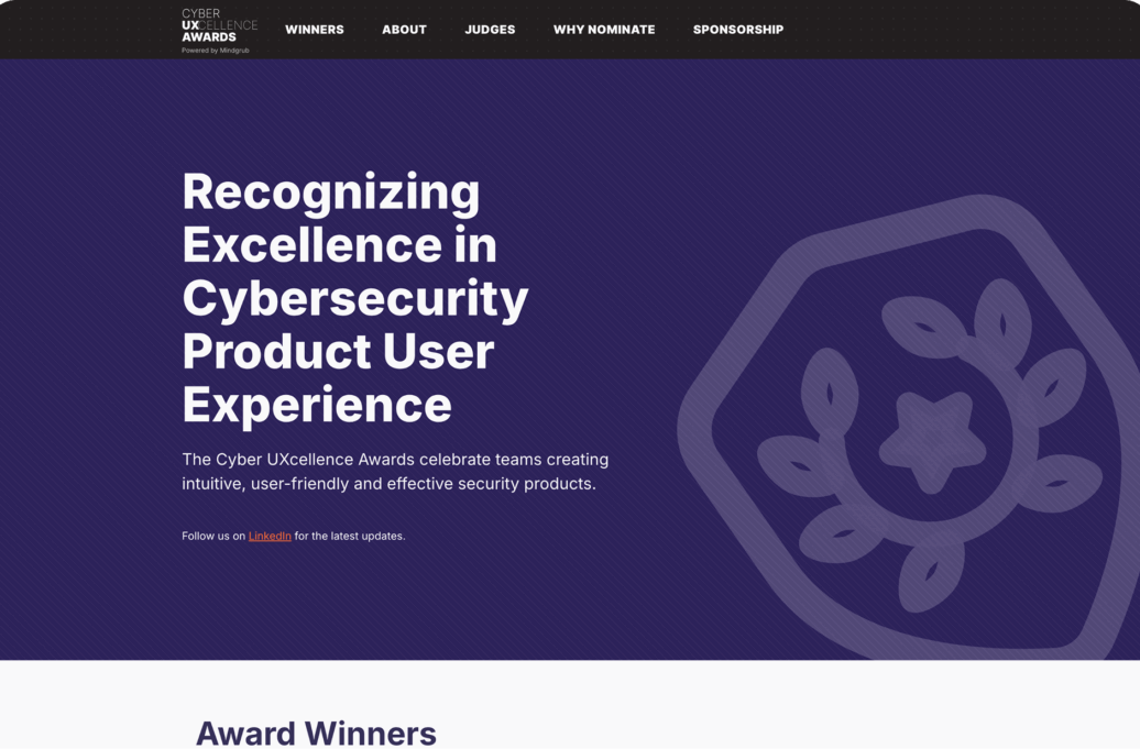 Homepage hero for the Cyber UXcellence awards website