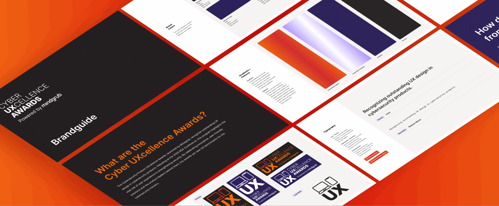 A few pages of the brand guidelines created for the Cyber UXcellence awards