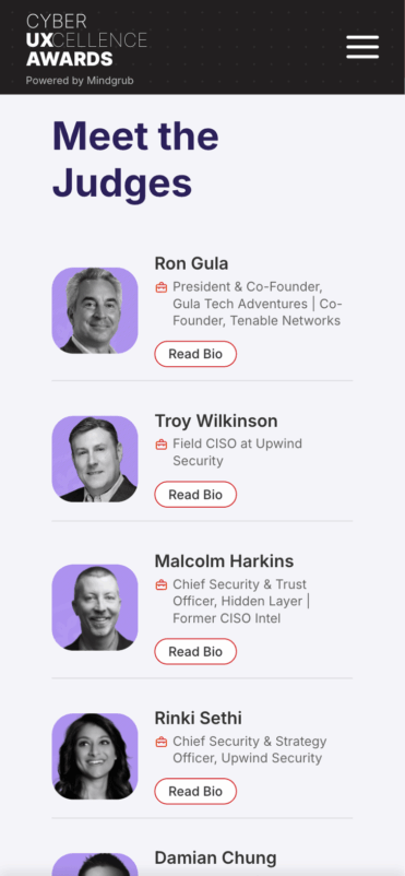Mobile view of the Cyber UXcellence Awards website showing the judges