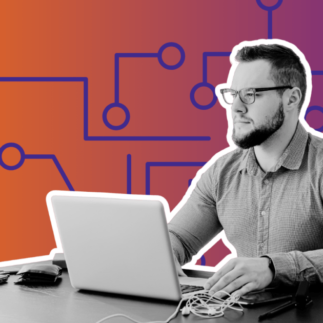 Man at a desk with laptop over purple orange gradient