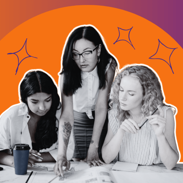 Three women work at a desk together over a background of purple and orange