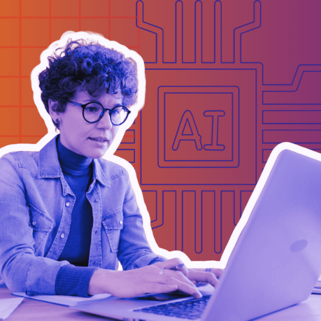 A woman sits at a desk with a computer in front of a gradient background