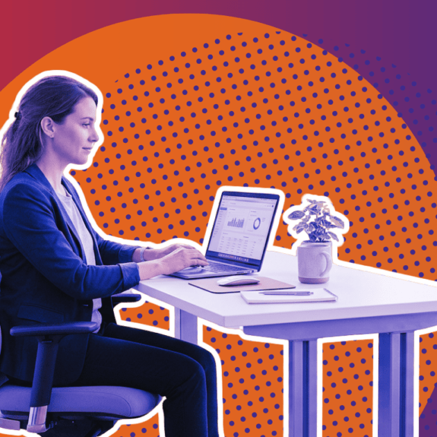 A woman sits at a desk on her laptop with bright orange circle on a gradient background