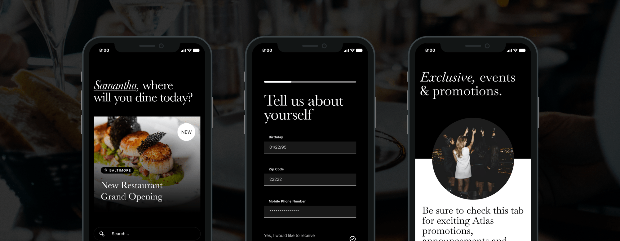Atlas Mobile App showing three screens