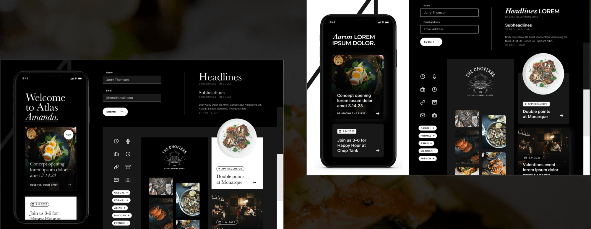 Two style tile options of the Atlas mobile app atop a dark restaurant imagery background
