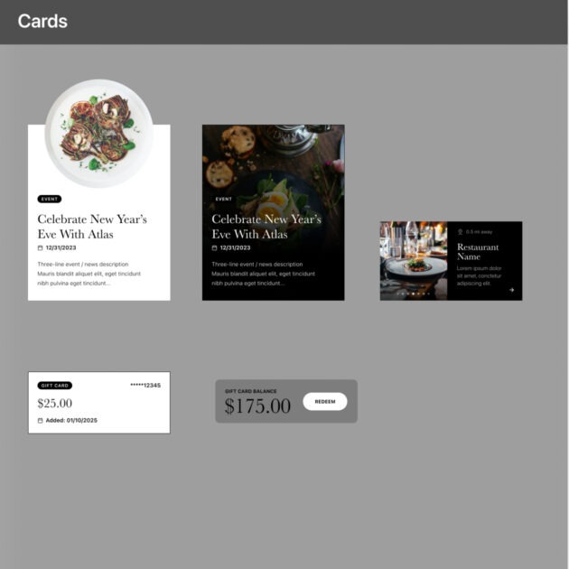 Cards frame from the design component library of the Atlas mobile app