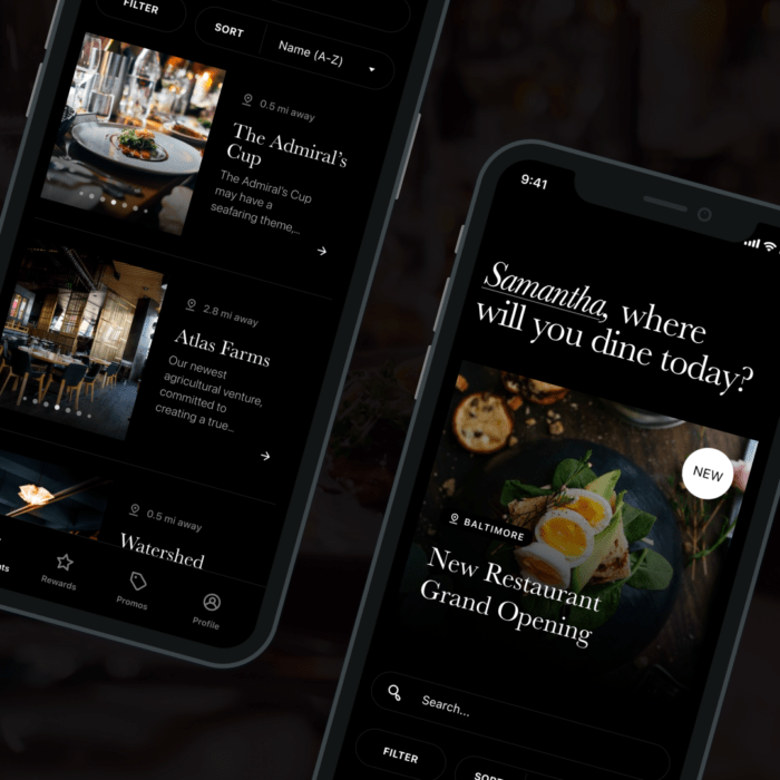 Atlas Mobile App screens on a black restaurant imagery background