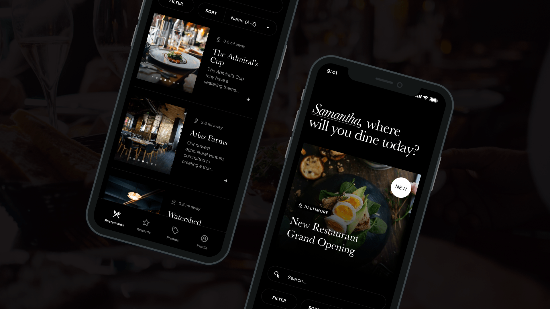 Atlas Mobile App screens on a black restaurant imagery background