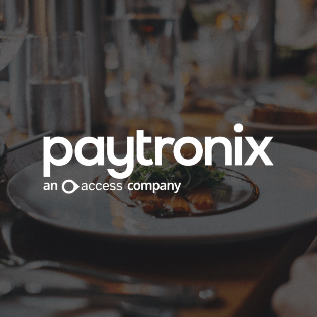 Patronix logo atop a dark restaurant imagery background