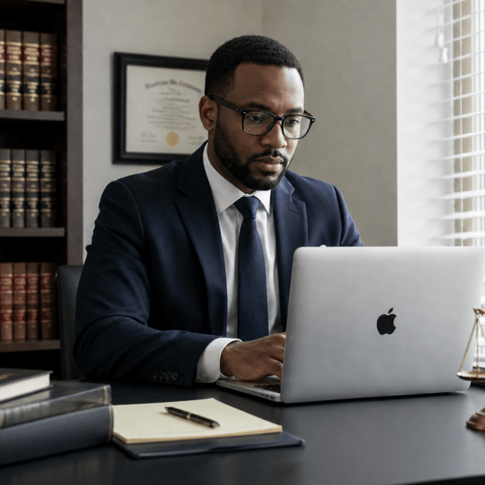 Legal worker at a laptop with books and a diploma in his office in the background