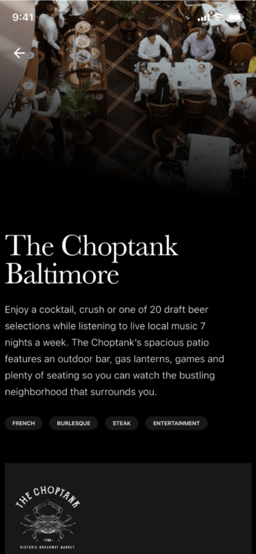 Restaurant Listing app screen on the Atlas Mobile App