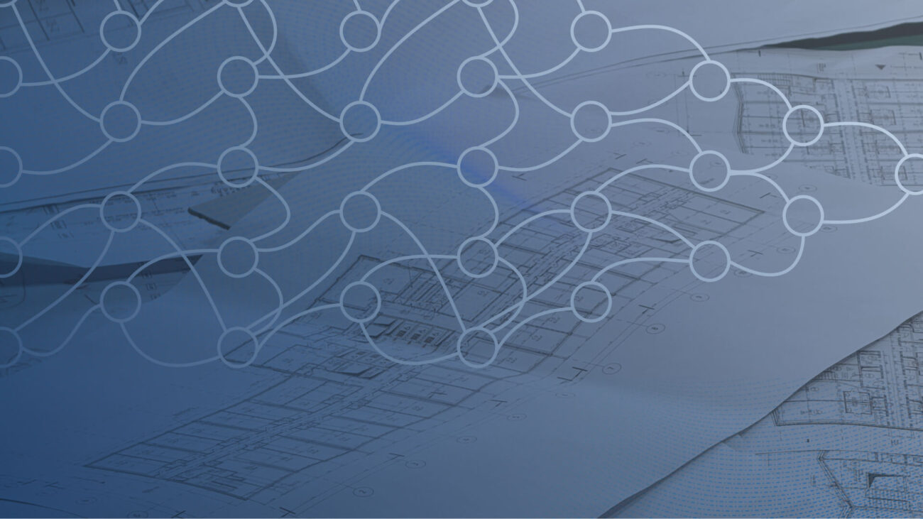 Architectural drawings overlaid with a network of connected nodes.