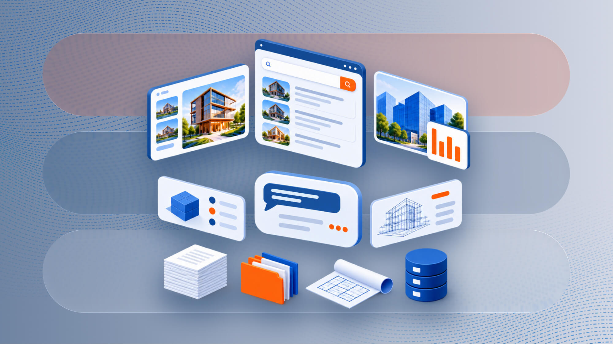 Three-layer AI system with documents and data at the base, conversational tools in the middle, and search and applications above.